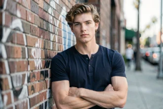 Portrait éditorial d'un acteur américain aux cheveux châtain clair dans une ruelle urbaine de Los Angeles, ambiance magazine