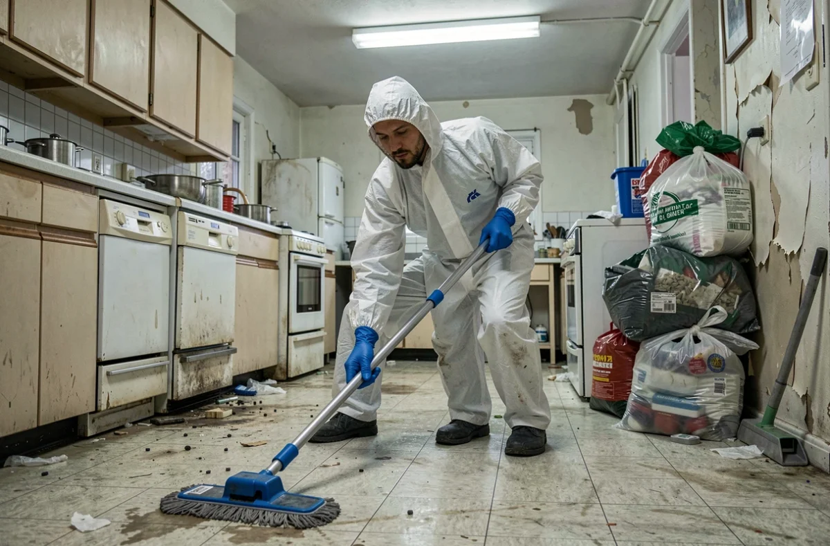 Technicien en hygiène de SOJI Hygiène en combinaison blanche nettoyant un appartement insalubre