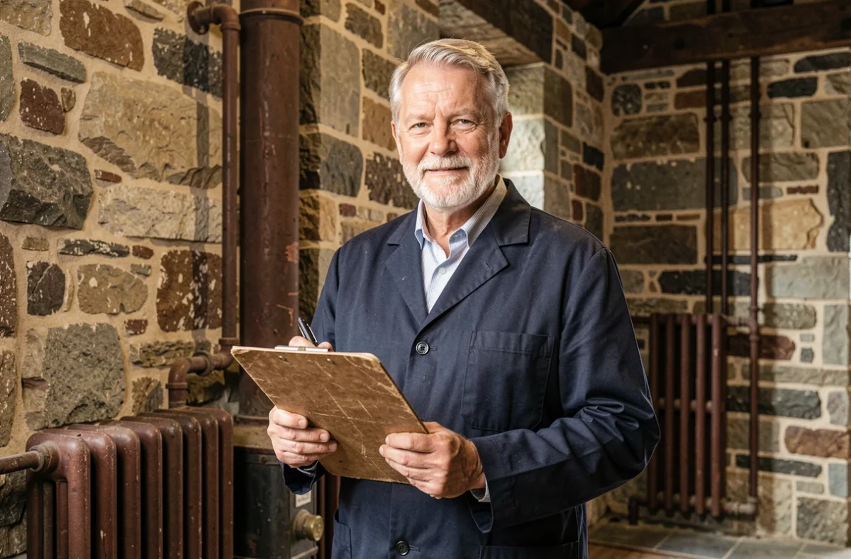 Chauffagiste expérimenté de Soredi Henry dans un bâtiment alsacien historique, représentant l'ancienneté de l'entreprise dans le Haut-Rhin