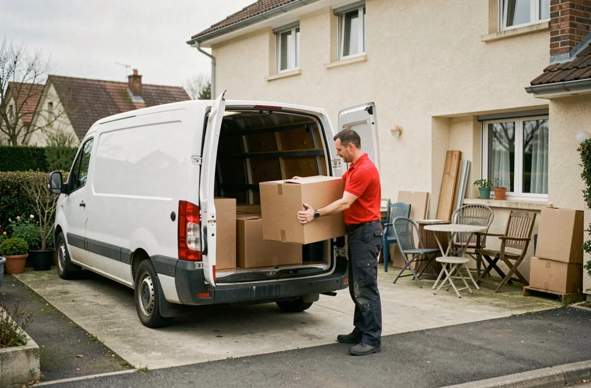 Agent de SOS Débarras Nettoyage chargeant des cartons dans un camion blanc devant une maison en Essonne