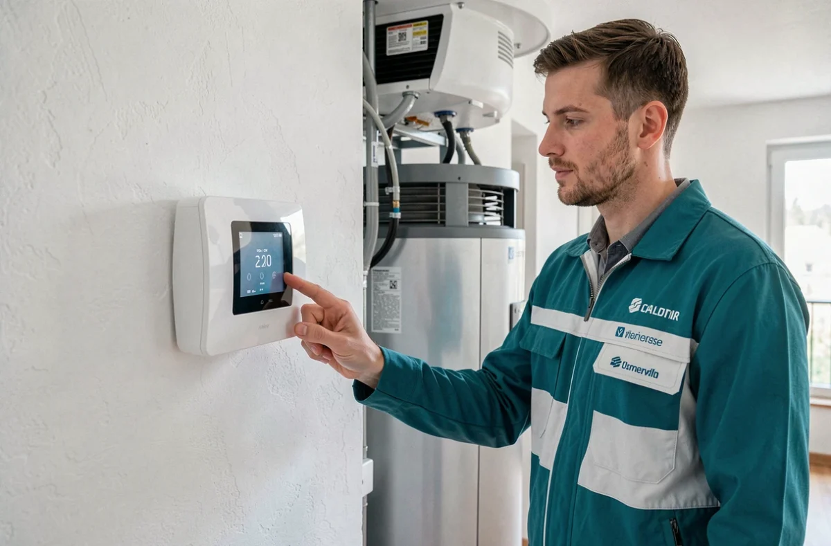 Installateur de Weclim programmant un thermostat connecté pour une pompe à chaleur et climatisation dans une maison du Haut-Rhin