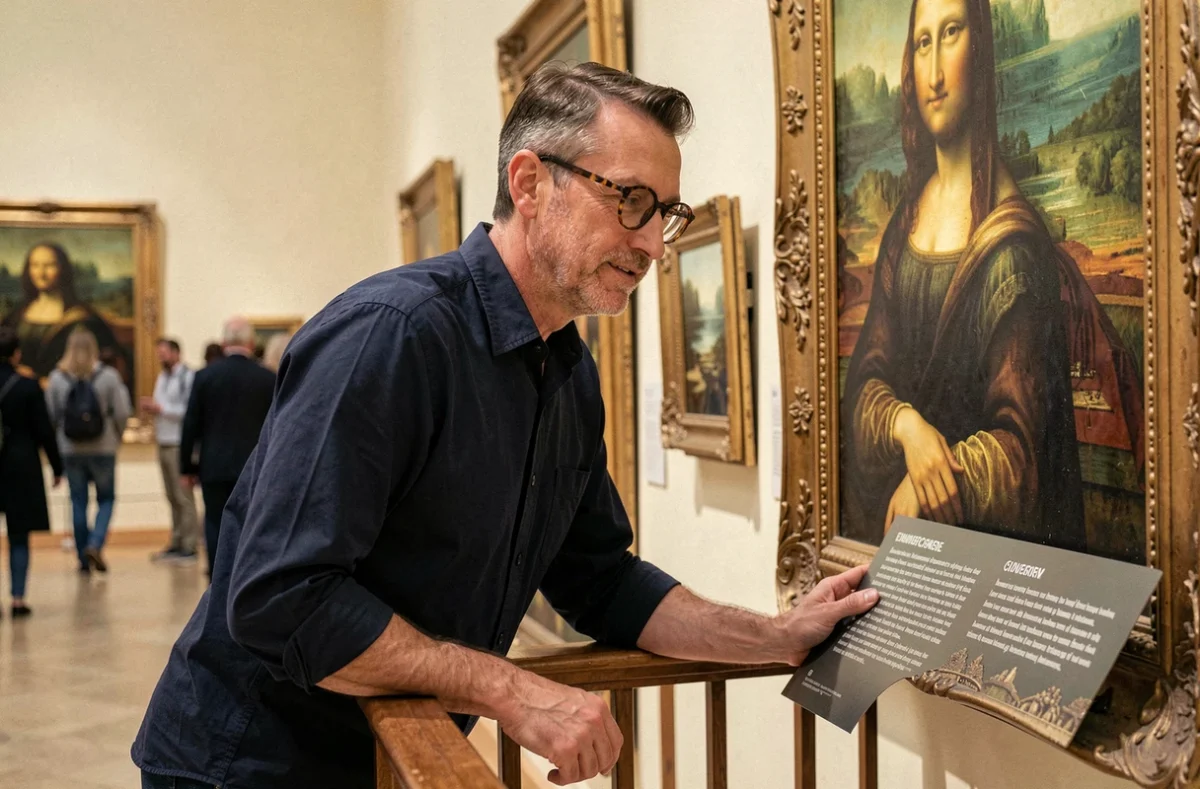 Visiteur lisant le panneau informatif sur la Joconde au Louvre, galerie aux cadres dorés et foule de touristes en arrière-plan