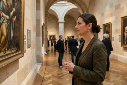 Visiteuse contemplant une peinture Renaissance au musée du Louvre, galerie aux arches en pierre et parquet poli